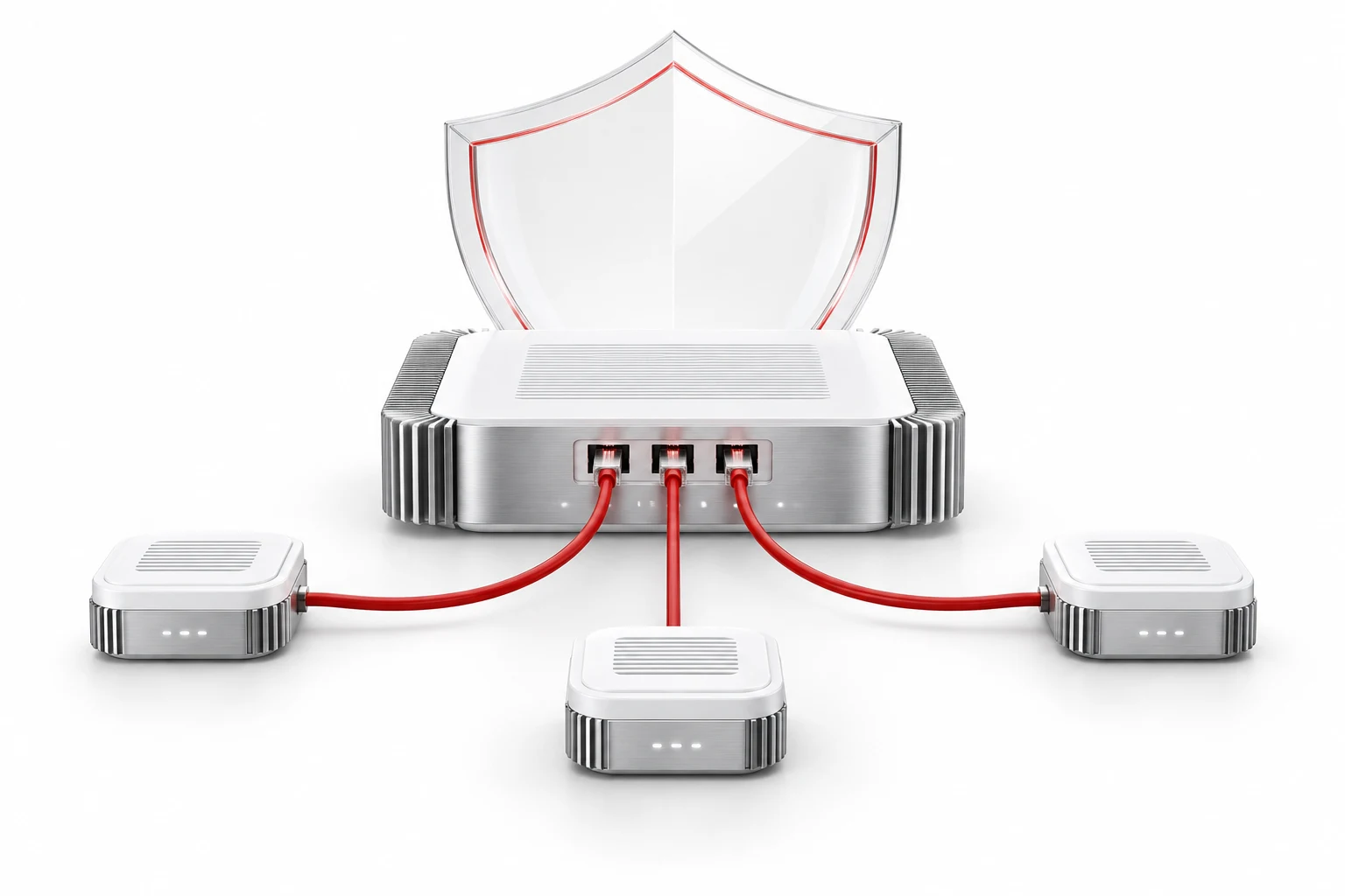 Concept illustration of connected network modules protected by a glass shield