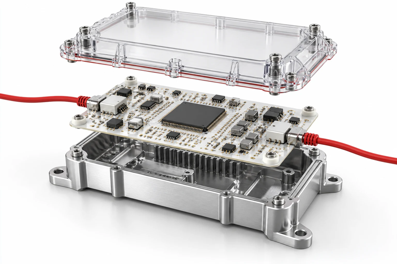 Concept illustration of an embedded controller, circuit board and enclosure in an exploded assembly