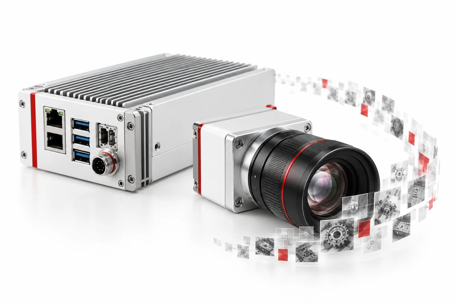 Concept illustration of a machine vision lens and an edge computing module