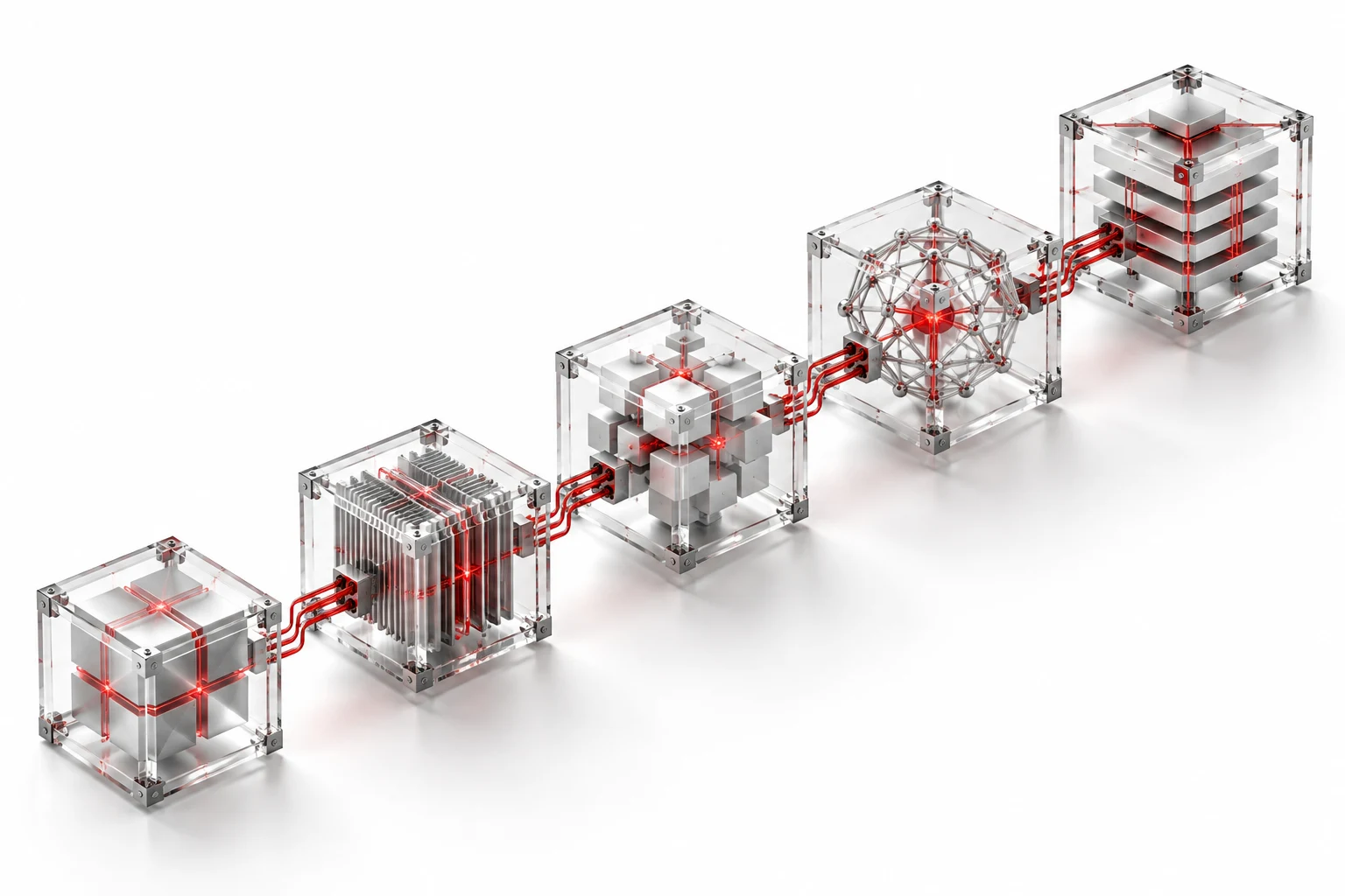 Concept illustration of linked glass circuit blocks forming a decentralized network